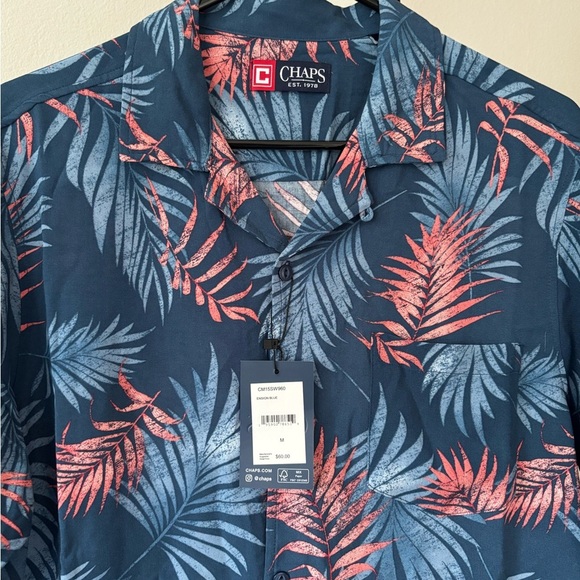 Chaps Men's Leaf Print Shirt - Navy and Coral - Picture 2 of 8